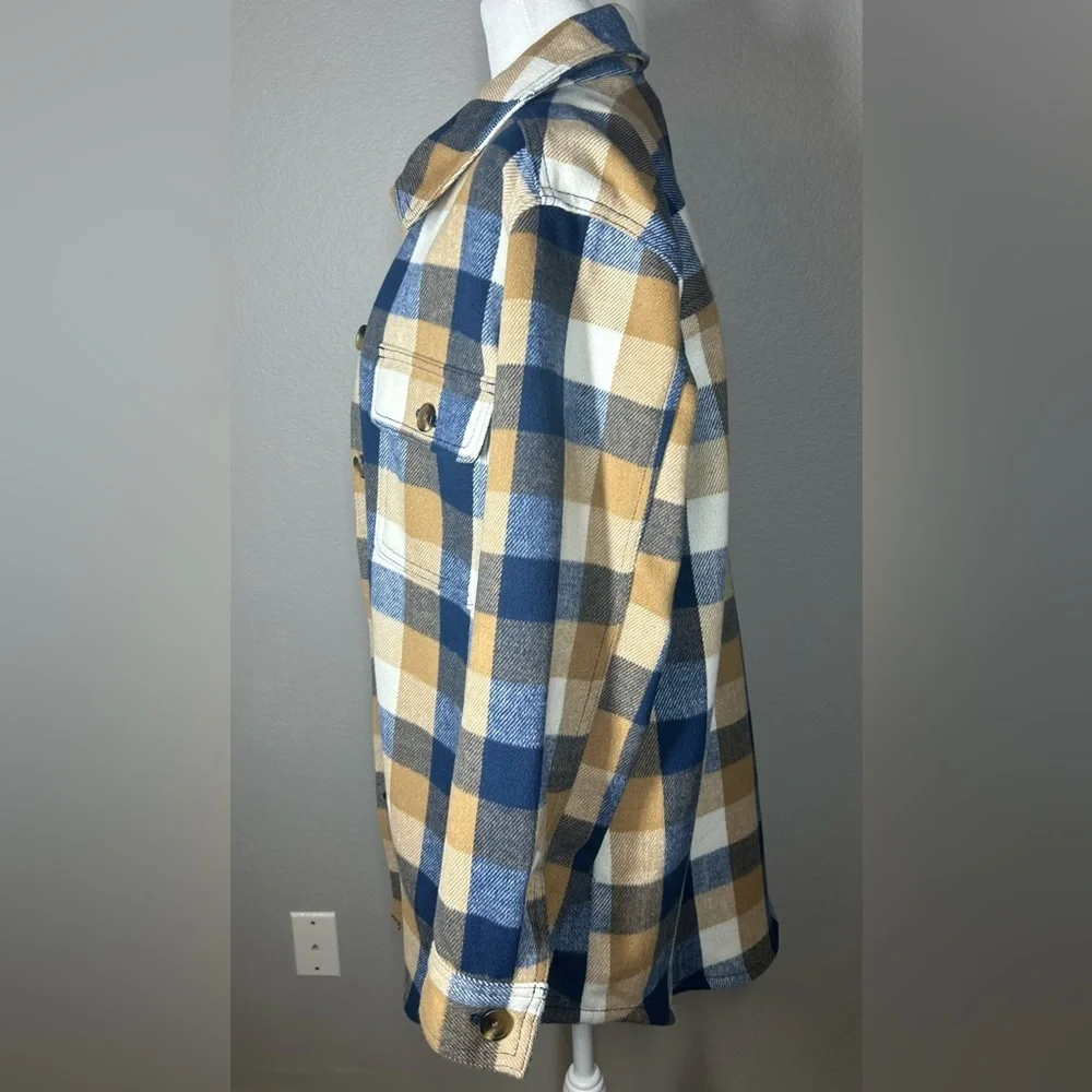 Old Navy Blue Tan White Plaid Utility Shacket Jacket Gorpcore Cabincore Size M